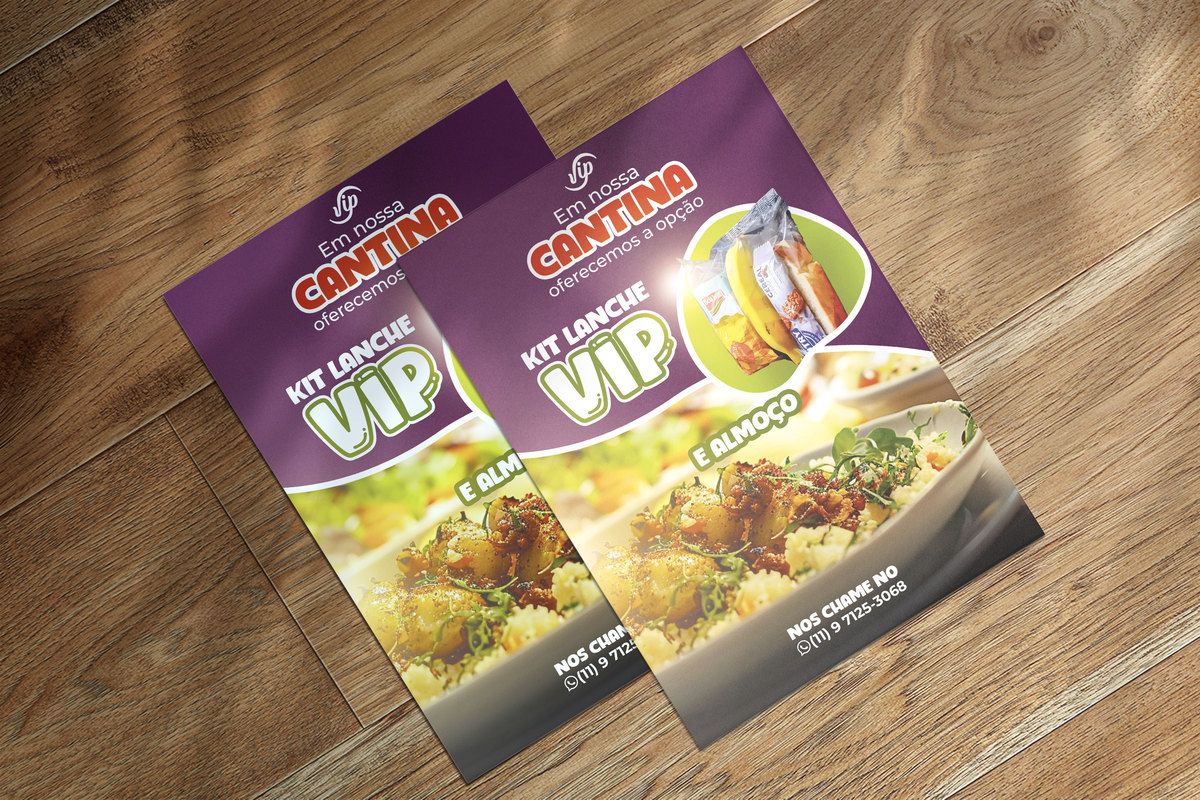 Portifolio: Panfleto Kit Lanche Restaurante VIP Veja como ficou nosso trabalho de Panfleto Kit Lanche para a rede de cantinas Vip da cidade de São Paulo.